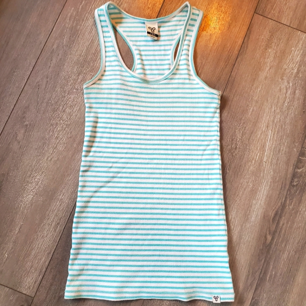 TNA Aritzia Striped, Ribbed Racerback Tank, White and Blue, XS
